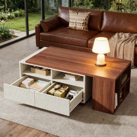 Extendable Coffee Table, Center Table with 2 Drawers and Reversible Tabletop