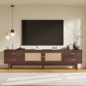 70inch Modern TV Stand with Rattan Doors for TVs up to 80", Media Console with Storage Space, 4 Drawers & Cable Holes