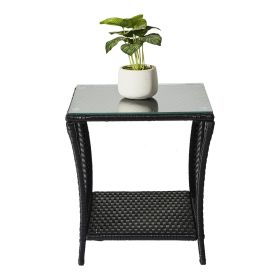 Outdoor Patio Wicker Side Table, Square End Table Bistro Coffee Table with Glass Top Storage Shelf for Porch Garden Backyard Black(SAME AS 705252