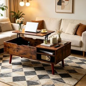 Multifunctional Lift Top Coffee Table with Hidden Compartment and 2 Cubbies,Sturdy Raising Mechanism, Brown Wooden Center Tables with Storage