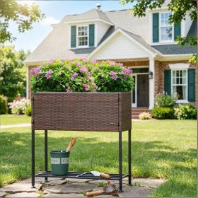 Elevated Planter Box with Rattan Wicker Look Raised Garden Bed Portable Design for Herbs Vegetables Tool Storage Shelf