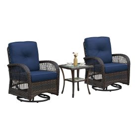 3 Piece Wicker Rocker Patio Set,Rattan Swivel Rocker Chairs with Side Table,Brown Wicker,Navy Blue Cushion