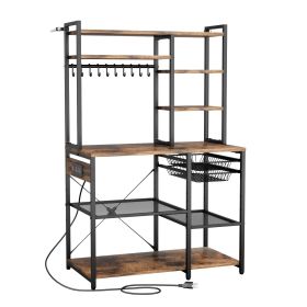 Kitchen Bakers Rack, 5 ft Power Cable Bakers Rack with Power Outlet, Kitchen Stand with X-Shaped Support Bar, 10 S-Shaped Hooks