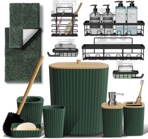 Set - Hunter Green Bathroom Accessories Set, 6PC Bathroom Accessory Set, Bathroom Sets with Bathroom Rugs, Adhesive Corner Shower Caddy Hanging