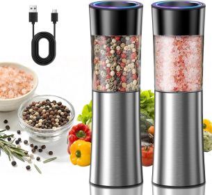 Rechargeable Gravity Electric Salt and Pepper Grinder Set Automatic Stainless Steels Salt and Pepper Mills with LED Light, No Battery Needed