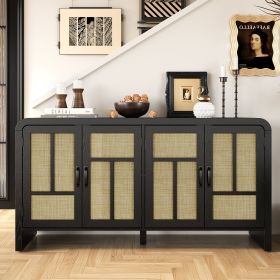Rattan Sideboard Buffet Cabinet with Storage, 59'' Large Boho Storage Cabinet with 4 Doors and Adjustable Shelves