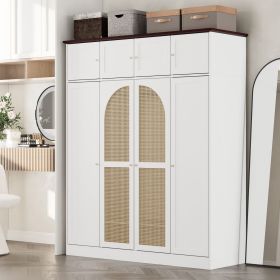 70.87"Tall 8-Door Large Capacity Armoire Wardrobe Closet with Hanging Rod, Adjustable Shelves and Rattan Decorative Doors
