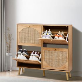 2 rows of 4 dump buckets with high feet arched rattan surface shoe cabinet density board with triamine 105*24*98cm original wood color