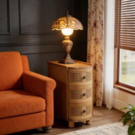 Wood End Table, 3-Drawer Side Table NightStand with 3 Rattan Drawers