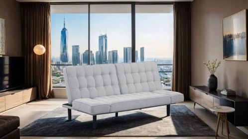 Light Gray Futon Sofa Biscuit Tufting Seat Back 1pc Sofa Adjustable Arm Rests Converts to Bed Couch