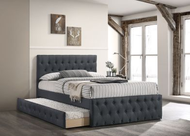 Contemporary Full Size Bed w/ Trundle Slats Charcoal Burlap Upholstered Button Tufted Headboard Footboard Youth Bedroom Furniture wooden Slats 1p
