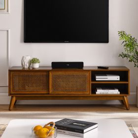 59 Inch Mid Century Modern Rattan TV Stand for 65 Inch TV, Entertainment Cabinet, Media Console for Living Room Bedroom Media Room