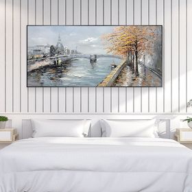 Hand Painted Oil Painting Large Original Oil Painting on Canvas Abstract Art Boho Wall Decor Lake Trees Landscape Bridge Nature Living Room Paint (style: 01, size: 60x120cm)