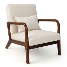 Modern Accent Chair with Rubber Wood Frame and Lumbar Pillow (Color: Beige)