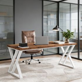 Heavy-Duty Computer Desk, 55" Simple Study Desk Writing Table (Main Color: Brown+White, Main Material: Marble+Metal)