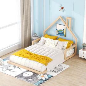 Full Size Wood Floor Bed with House-shaped Headboard (Color: Natural)