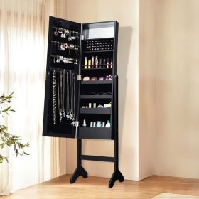 Mirrored Standing Jewelry Armoire Cabinet with LED Lights (Color: Black)